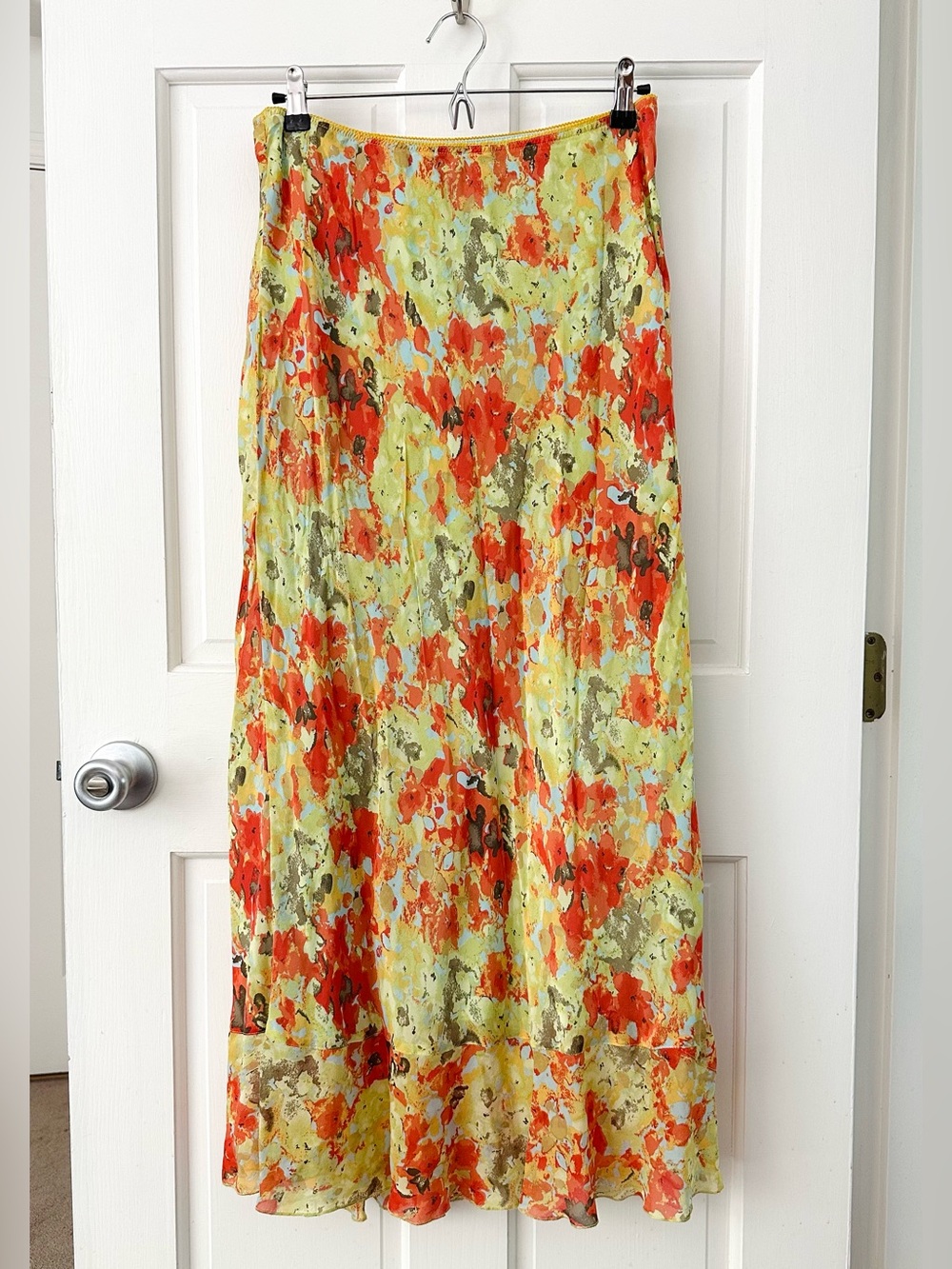SUNDANCE 100% Silk Abstract Floral Midi Skirt Yellow Orange Size 10